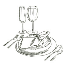 A Hand-drawn Sketch Of A Dinner Service For A Wedding Ceremony. Preparation For The Wedding Ceremony. Plates, Champagne Glasses, Knife, Spoon, Fork, Napkin, Wine Glass. Serving. On A White Background