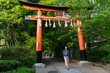 full length of asian Japanese woman visitor walking through a giant red torii entrance gate on stone pavement while visiting ujigami jinja in uji Kyoto japan on a sunny day