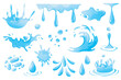 Water drops and splashes set graphic elements in flat design. Bundle of swirl and curl waves, liquid flow, falling raindrops, flowing and splashing aqua motion. Vector illustration isolated objects