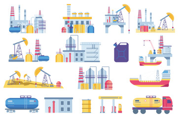 Aufkleber - Oil production plants set graphic elements in flat design. Bundle of processing and production petrol and gas machinery, drilling industrial pumps and refinery. Vector illustration isolated objects