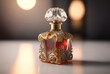 A close-up of a vintage crystal perfume bottle on a reflecting surface, aspect ratio 3:2, Generative AI