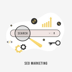 Poster - seo marketing concept with search bar, magnifier, chart, graph and key symbolizing use of seo as dig