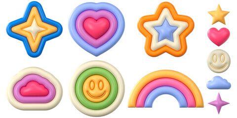 Set of groovy colorful stickers. Stars, heart, smile, cloud, rainbow. Inflated elements with the plasticine effect. 3d rendering illustration.