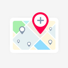 Poster - Local Search Listing concept. Map with local business search listing featuring map icon and red pin with add plus, representing convenience of searching and finding local businesses through mapping