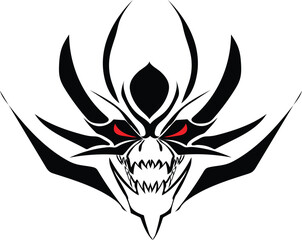 Wall Mural - vector design of a symbol or tattoo of a strange creature with fanged teeth and red eyes with horns around its black head