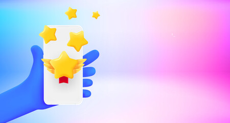 Leinwandbilder - Award star on smartphone screen. 3d vector banner with copy space