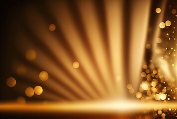 Wall Mural - abstract gold background with blur bokeh light,  glitter glow magical moment luxury atmosphere on ground stage, starburst ray light flare, Generative Ai