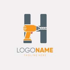 Letter H Hand Drill Machine Logo Design Vector Icon Graphic Emblem Illustration