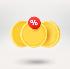 Poster - Stack of coins with a discountt label. 3d vector icon isolated on white background