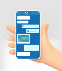 Poster - Cartoon hand holding modern smartphone with messenging application. World travel concept. 3d vector illustration 