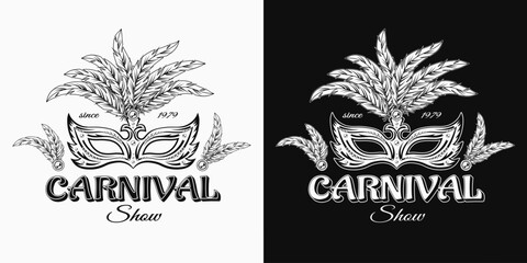 Wall Mural - Carnaval label with masquerade mask, feathers, jewelry chains, text Carnival show. For prints, clothing, t shirt, surface design. Vintage style