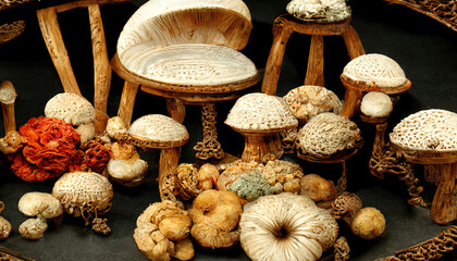 Wicker tray with variety of raw mushrooms on wooden table delicious food