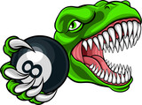 Fototapeta Pokój dzieciecy - A dinosaur or lizard angry mean pool billiards mascot cartoon character holding a black 8 ball.