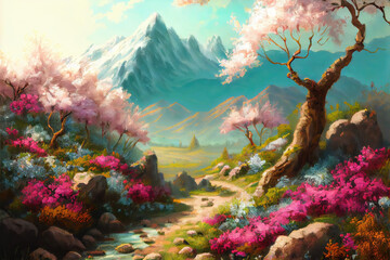 Wall Mural - Hiking path to mountain in spring landscape illustration (Generative AI)