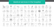 Types of medical services in the hospital set of line icons in vector, illustration gynecology consultations and surgery, radiology and laboratory diagnosis, cosmetology and dermatology, rheumatology.