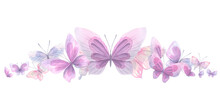 Lilac, Pink And Blue Butterflies. Watercolor Illustration. Composition From The Collection Of CATS AND BUTTERFLIES. For The Design And Decoration Of Prints, Postcards, Posters.