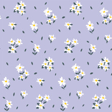 Seamless Floral Pattern, Liberty Ditsy Print With Cute White Daisies Scattered On A Lilac Field. Romantic Botanical Background With Small Hand Drawn Flowers, Tiny Leaves. Vector Illustration.