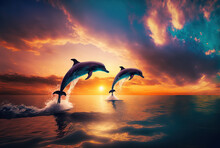 Dolphin Couple Jumping In Ocean At Sunset. Generative AI