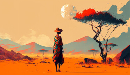 abstract painting concept. colorful art portrait of a woman in an african landscape. african culture