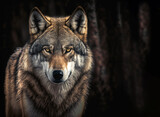 Fototapeta  - Grey wolf portrait with copy-space, generative AI