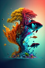 Wall Mural - Abstract coral reef with fish ,made with Generative AI