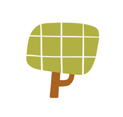 Poster - Childish tree, abstract forest plant with green foliage checkered crown, trunk, branch. Fiction botanical deciduous in Scandinavian style. Kids flat vector illustration isolated on white background