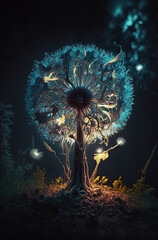 Closeup of glowing exploding dandelion. Generative AI.