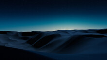 Night Landscape, With Desert Sand Dunes. Peaceful Modern Wallpaper With Blue Gradient Starry Sky