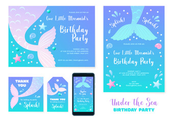 Wall Mural - Under the Sea party invitation templates. Set of cute backgrounds decorated with mermaid tails, pearls and star fish. Vector 10 EPS.