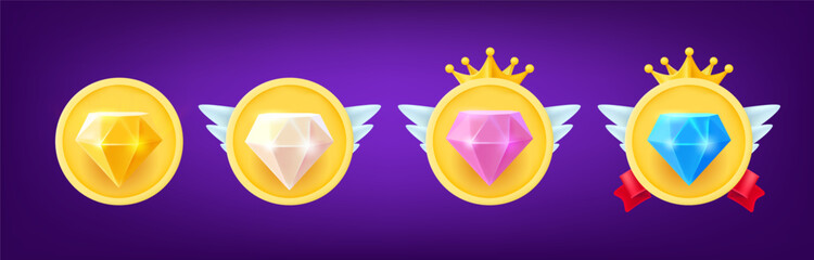 Poster - Different rank emblems with color crystals. Game achievement badges collection. 3d vector clipart