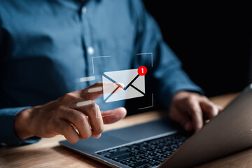 Poster - Businessman sending email by laptop computer to customer, business contact and communication, email icon, email marketing concept, send e-mail or newsletter, online working internet network.
