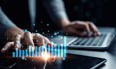 Aufkleber - Business planning and strategy concept. Stock market, Business growth, progress or success. Businessman use smartphone for trader is showing a growing virtual hologram stock, invest in trading.