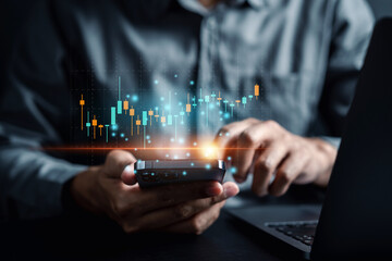 Aufkleber - Business planning and strategy concept. Stock market, Business growth, progress or success. Businessman use smartphone for trader is showing a growing virtual hologram stock, invest in trading.