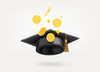 Graduation cap with gold coins. Pay for education concept. 3d vector illustration