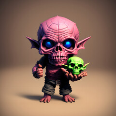 Charming and eerie plastic toy skull goblin with human skull. AI generated 3D