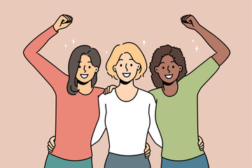 Overjoyed multiracial women hug showing unity and solidarity. Smiling diverse interracial girls embrace feel united and optimistic together. Vector illustration. 