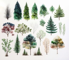 Poster - Knolling watercolor set of trees - Generative AI