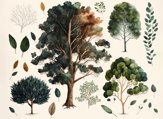 knolling watercolor set of trees