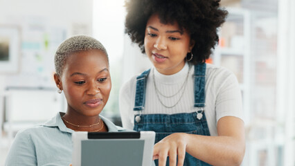 Poster - Tablet, teamwork and collaboration with a woman designer and her creative assistant talking about an idea in the office. Internet, technology and design with a female employee and a colleague at work