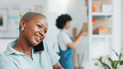 Aufkleber - Black, businesswoman and phone call in logistics startup consulting with customer while working at office. Happy African female talking to client or buyer on smartphone in small ecommerce business