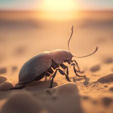 Close Up Of A Beetle Walking On Sand In The Desert Shallow Depth Of Field Lens Flare 100mm Windy 