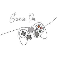 Wall Mural - Video games console joystick vector one line continuous drawing. Text Game On. Lettering, phrase, quote, slogan. Hand drawn linear silhouette icon. Design for print, banner, wall art, poster, card. 