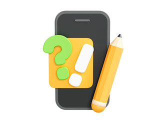 Aufkleber - 3D Mobile phone with FAQ concept. Ask questions and receive answers. Online support service. Write feedback. Smartphone with pencil. Cartoon design icon isolated on white background. 3D Rendering
