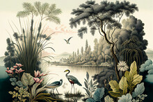 Vintage Wallpaper Featuring A Forest Landscape With Lake, Vegetation, Trees, Birds And Herons.