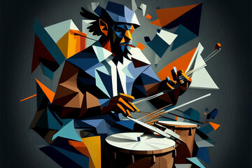 afro-american male jazz musician drummer playing drums in an abstract geometric cubist style paintin