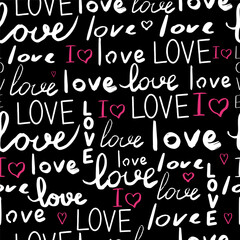 Wall Mural - Text love, script cute doodle hand drawn seamless pattern on black background.