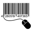 Logo comercio eléctronico. Compra online. Silueta aislada de código de barras con líneas con mouse de ordenador con cable