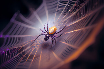 A close-up of a spider spinning its web, the delicate strands of silk stretched between its legs as it works, ai