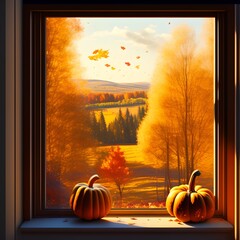 Poster - View from Window of Autumn Landscape, Generative AI Illustration