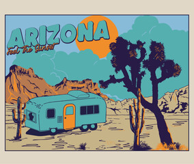 Wall Mural - arizona desert landscape vector illustration, camping van in cactus desert vector illustration, western desert sunset vector